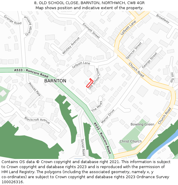 8, OLD SCHOOL CLOSE, BARNTON, NORTHWICH, CW8 4GR: Location map and indicative extent of plot