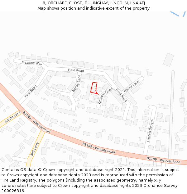 8, ORCHARD CLOSE, BILLINGHAY, LINCOLN, LN4 4FJ: Location map and indicative extent of plot