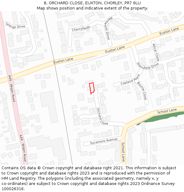 8, ORCHARD CLOSE, EUXTON, CHORLEY, PR7 6LU: Location map and indicative extent of plot