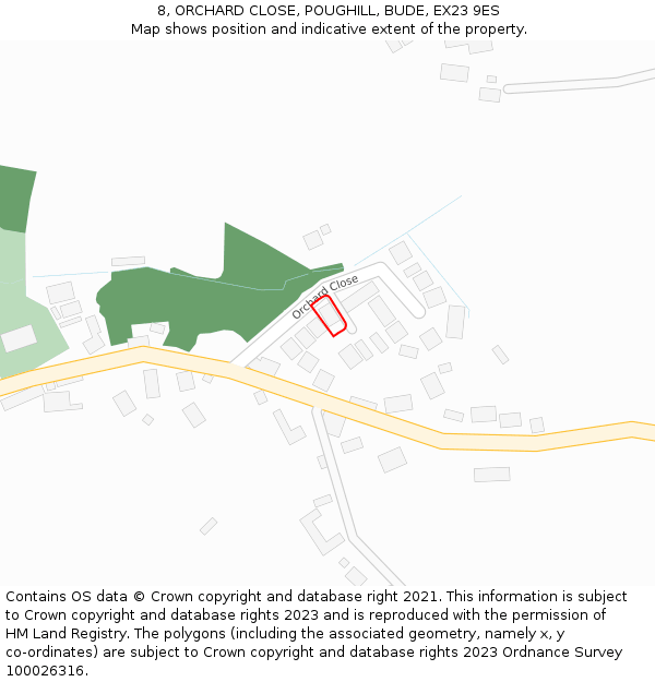 8, ORCHARD CLOSE, POUGHILL, BUDE, EX23 9ES: Location map and indicative extent of plot
