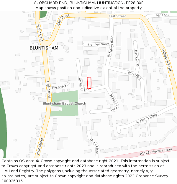 8, ORCHARD END, BLUNTISHAM, HUNTINGDON, PE28 3XF: Location map and indicative extent of plot
