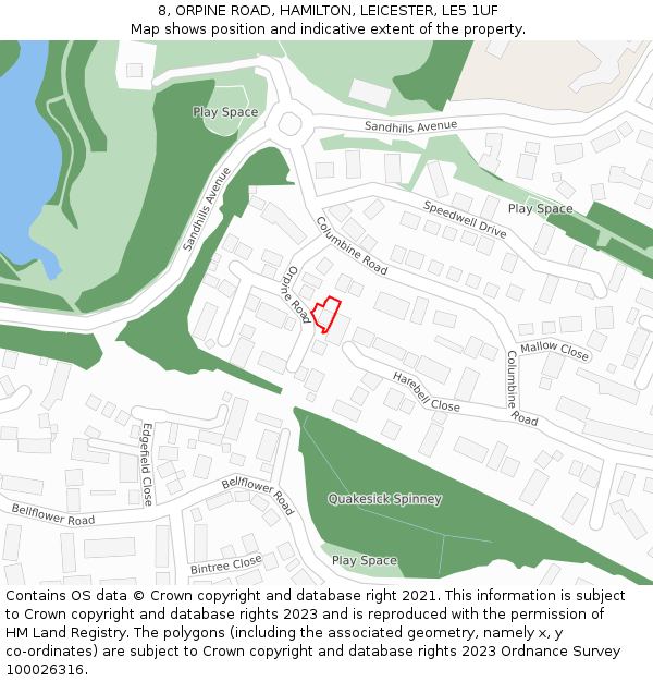 8, ORPINE ROAD, HAMILTON, LEICESTER, LE5 1UF: Location map and indicative extent of plot
