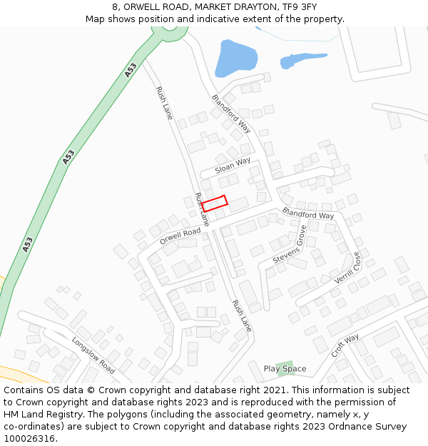 8, ORWELL ROAD, MARKET DRAYTON, TF9 3FY: Location map and indicative extent of plot