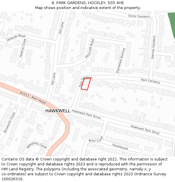 8, PARK GARDENS, HOCKLEY, SS5 4HE: Location map and indicative extent of plot