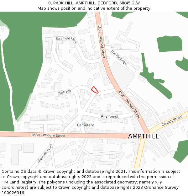 8, PARK HILL, AMPTHILL, BEDFORD, MK45 2LW: Location map and indicative extent of plot