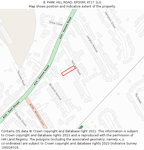 8, PARK HILL ROAD, EPSOM, KT17 1LG: Location map and indicative extent of plot