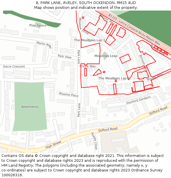8, PARK LANE, AVELEY, SOUTH OCKENDON, RM15 4UD: Location map and indicative extent of plot