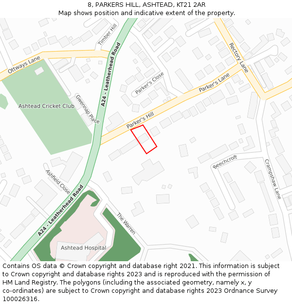 8, PARKERS HILL, ASHTEAD, KT21 2AR: Location map and indicative extent of plot