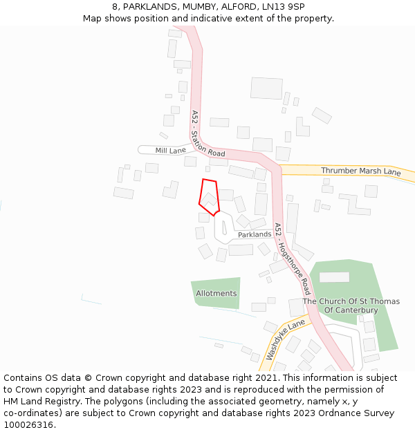 8, PARKLANDS, MUMBY, ALFORD, LN13 9SP: Location map and indicative extent of plot