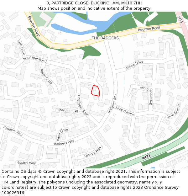 8, PARTRIDGE CLOSE, BUCKINGHAM, MK18 7HH: Location map and indicative extent of plot