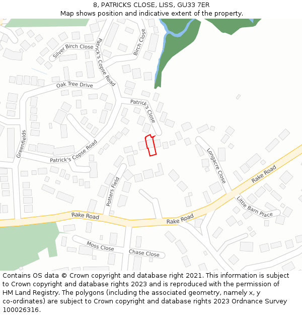 8, PATRICKS CLOSE, LISS, GU33 7ER: Location map and indicative extent of plot