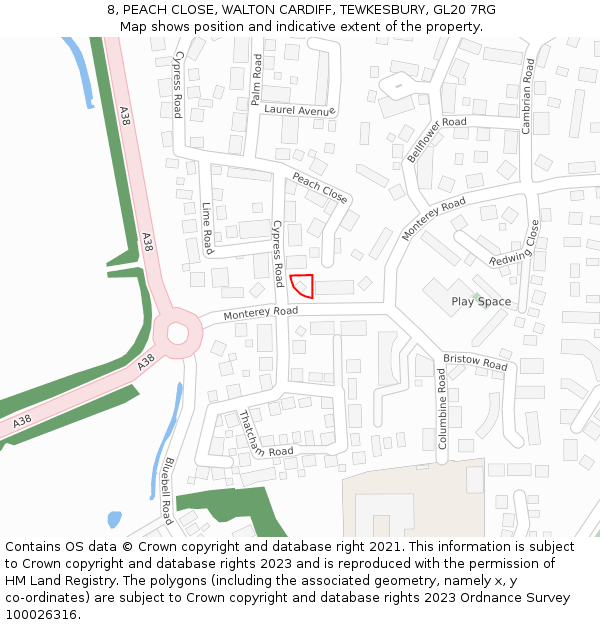 8, PEACH CLOSE, WALTON CARDIFF, TEWKESBURY, GL20 7RG: Location map and indicative extent of plot
