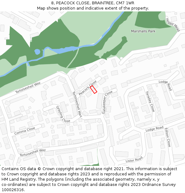 8, PEACOCK CLOSE, BRAINTREE, CM7 1WR: Location map and indicative extent of plot