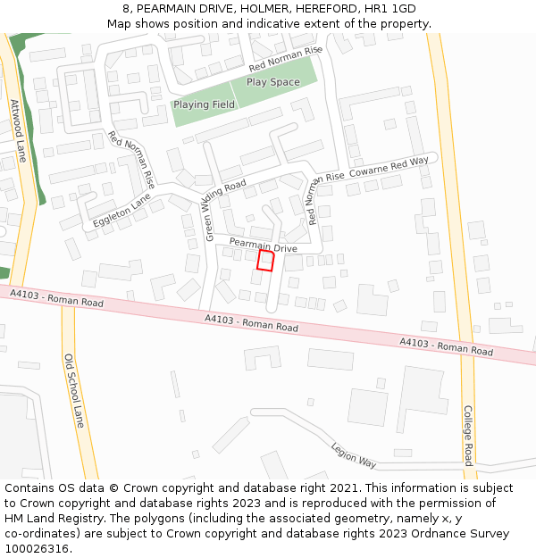 8, PEARMAIN DRIVE, HOLMER, HEREFORD, HR1 1GD: Location map and indicative extent of plot