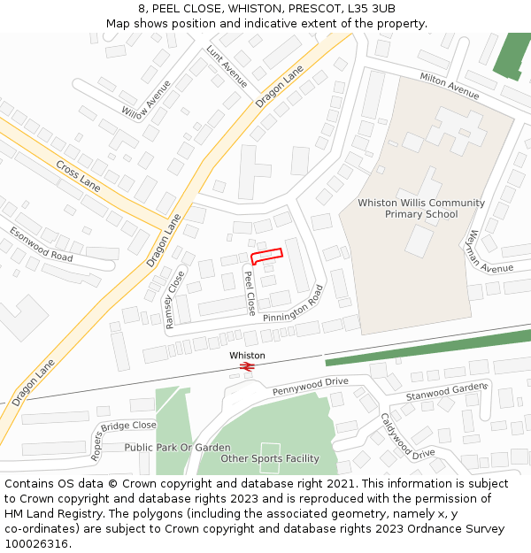 8, PEEL CLOSE, WHISTON, PRESCOT, L35 3UB: Location map and indicative extent of plot