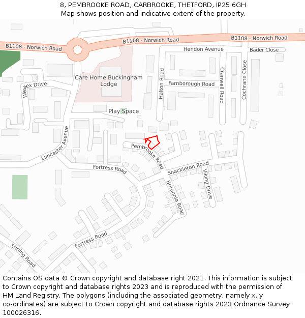 8, PEMBROOKE ROAD, CARBROOKE, THETFORD, IP25 6GH: Location map and indicative extent of plot