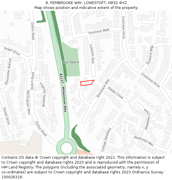8, PEMBROOKE WAY, LOWESTOFT, NR32 4HZ: Location map and indicative extent of plot