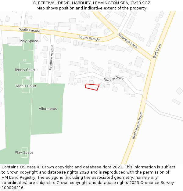 8, PERCIVAL DRIVE, HARBURY, LEAMINGTON SPA, CV33 9GZ: Location map and indicative extent of plot