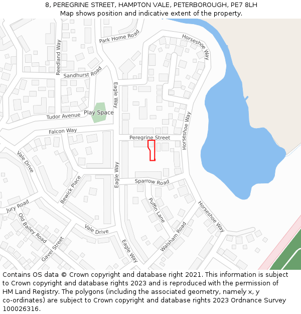 8, PEREGRINE STREET, HAMPTON VALE, PETERBOROUGH, PE7 8LH: Location map and indicative extent of plot
