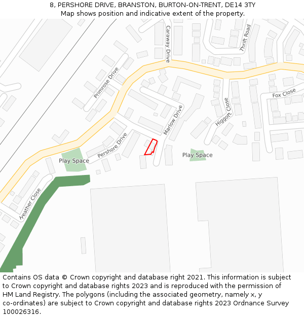 8, PERSHORE DRIVE, BRANSTON, BURTON-ON-TRENT, DE14 3TY: Location map and indicative extent of plot