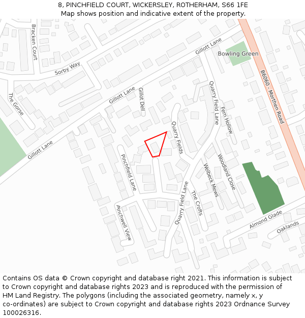 8, PINCHFIELD COURT, WICKERSLEY, ROTHERHAM, S66 1FE: Location map and indicative extent of plot