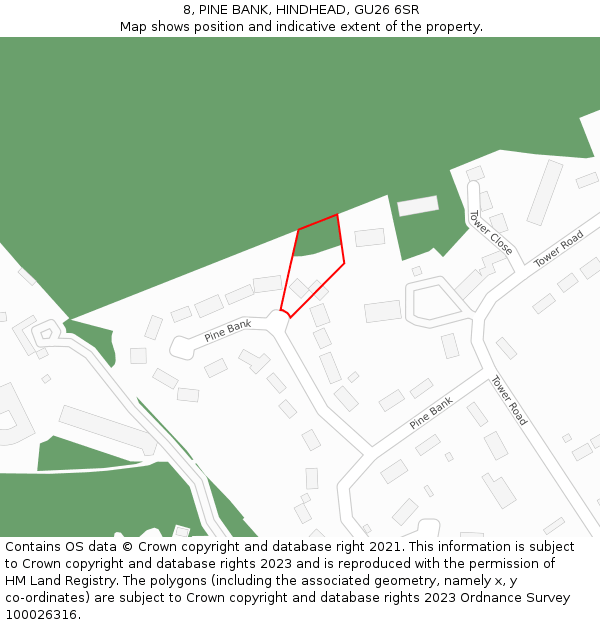 8, PINE BANK, HINDHEAD, GU26 6SR: Location map and indicative extent of plot