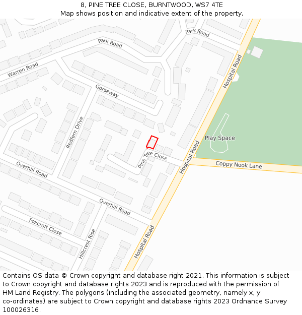 8, PINE TREE CLOSE, BURNTWOOD, WS7 4TE: Location map and indicative extent of plot