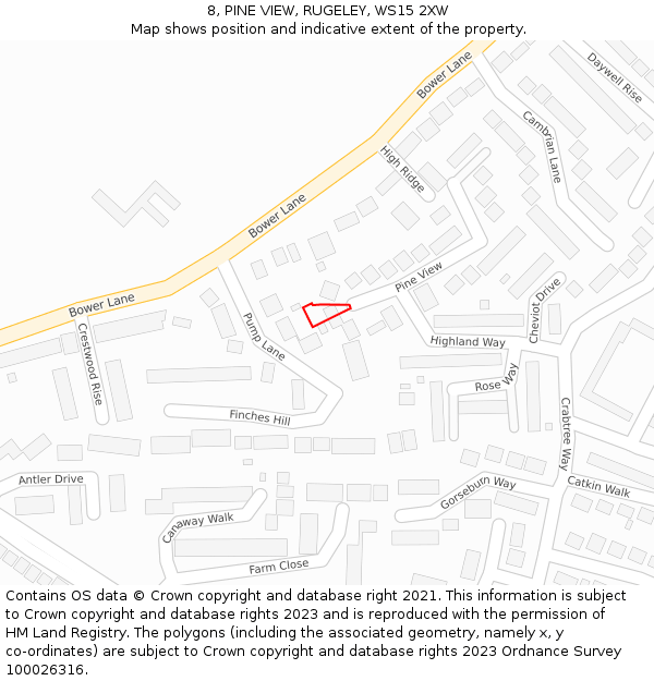 8, PINE VIEW, RUGELEY, WS15 2XW: Location map and indicative extent of plot