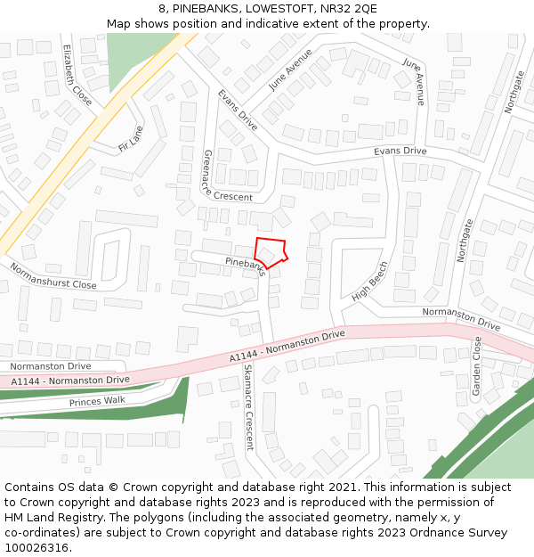 8, PINEBANKS, LOWESTOFT, NR32 2QE: Location map and indicative extent of plot