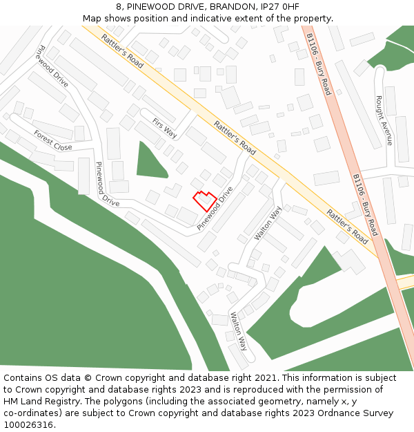 8, PINEWOOD DRIVE, BRANDON, IP27 0HF: Location map and indicative extent of plot
