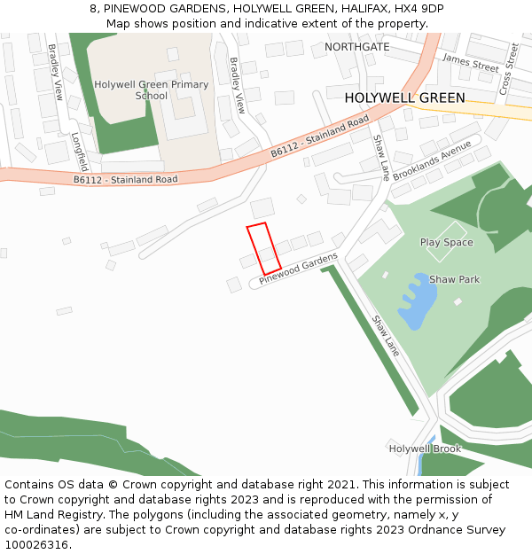 8, PINEWOOD GARDENS, HOLYWELL GREEN, HALIFAX, HX4 9DP: Location map and indicative extent of plot