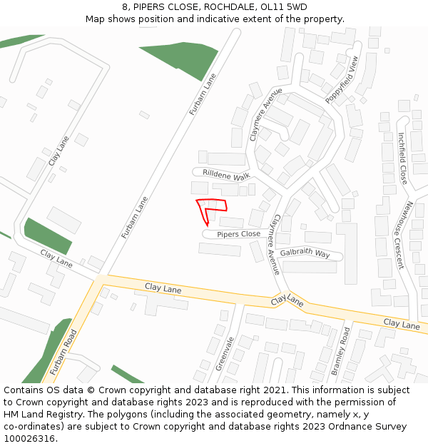 8, PIPERS CLOSE, ROCHDALE, OL11 5WD: Location map and indicative extent of plot