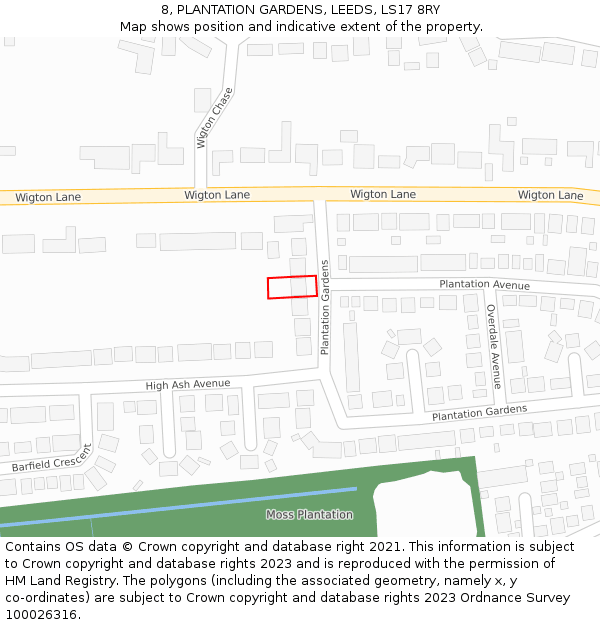 8, PLANTATION GARDENS, LEEDS, LS17 8RY: Location map and indicative extent of plot