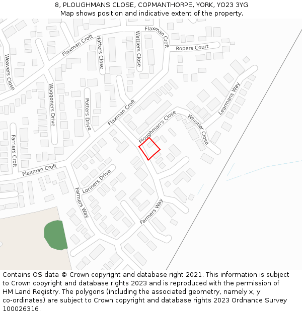 8, PLOUGHMANS CLOSE, COPMANTHORPE, YORK, YO23 3YG: Location map and indicative extent of plot