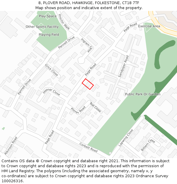 8, PLOVER ROAD, HAWKINGE, FOLKESTONE, CT18 7TF: Location map and indicative extent of plot