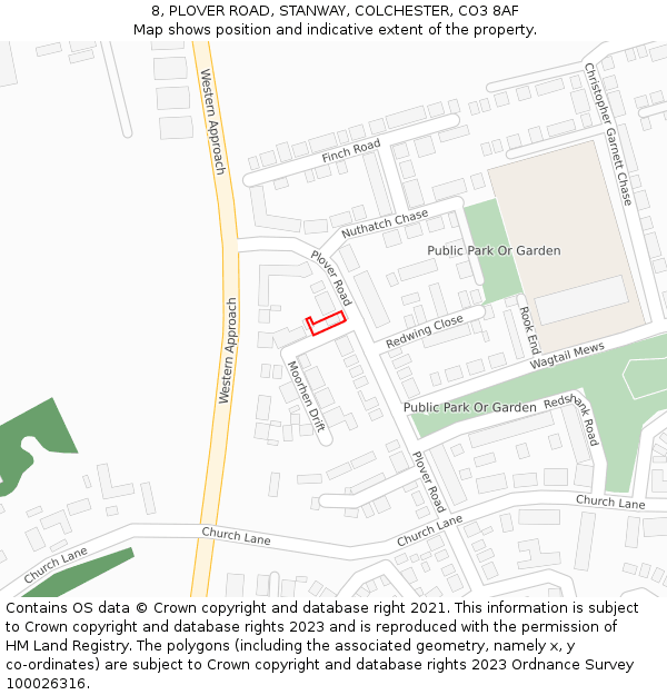 8, PLOVER ROAD, STANWAY, COLCHESTER, CO3 8AF: Location map and indicative extent of plot