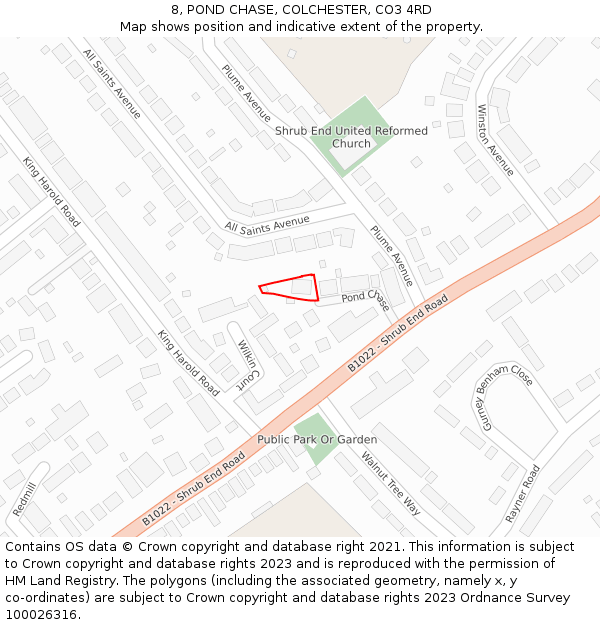 8, POND CHASE, COLCHESTER, CO3 4RD: Location map and indicative extent of plot