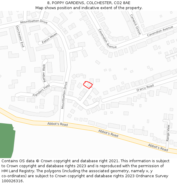 8, POPPY GARDENS, COLCHESTER, CO2 8AE: Location map and indicative extent of plot
