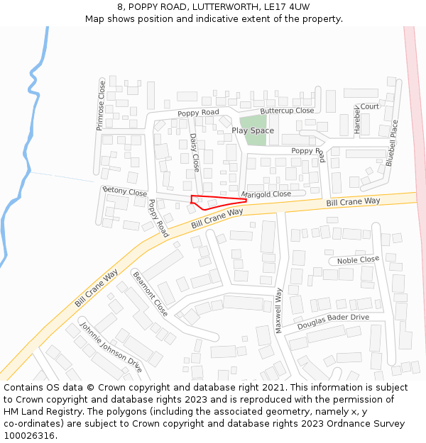 8, POPPY ROAD, LUTTERWORTH, LE17 4UW: Location map and indicative extent of plot