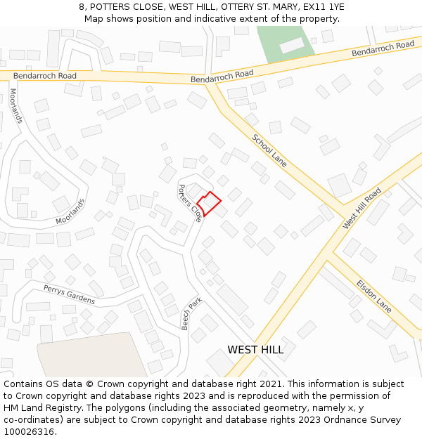 8, POTTERS CLOSE, WEST HILL, OTTERY ST. MARY, EX11 1YE: Location map and indicative extent of plot