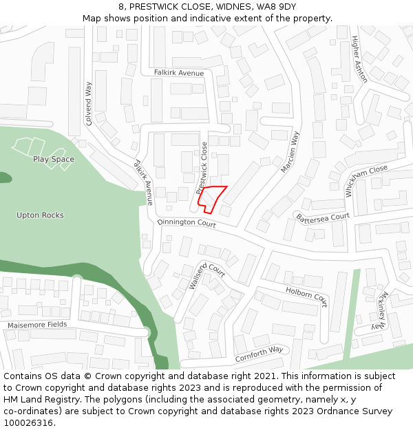 8, PRESTWICK CLOSE, WIDNES, WA8 9DY: Location map and indicative extent of plot