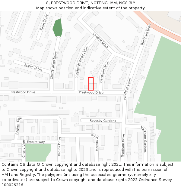 8, PRESTWOOD DRIVE, NOTTINGHAM, NG8 3LY: Location map and indicative extent of plot