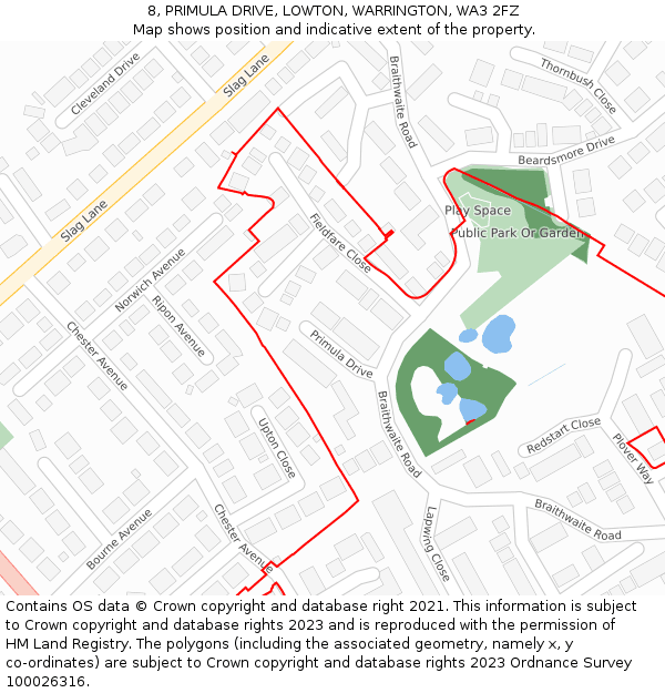 8, PRIMULA DRIVE, LOWTON, WARRINGTON, WA3 2FZ: Location map and indicative extent of plot