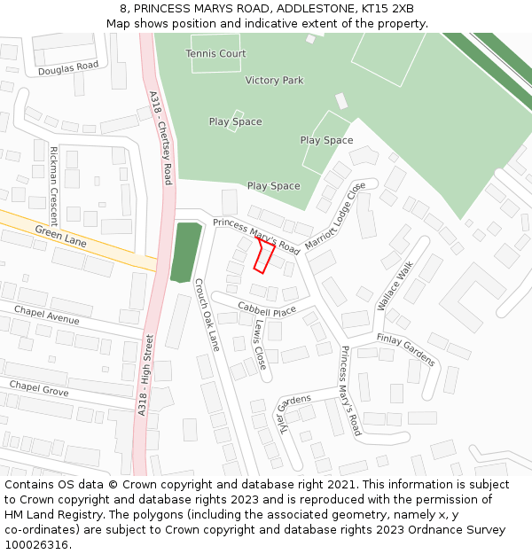 8, PRINCESS MARYS ROAD, ADDLESTONE, KT15 2XB: Location map and indicative extent of plot