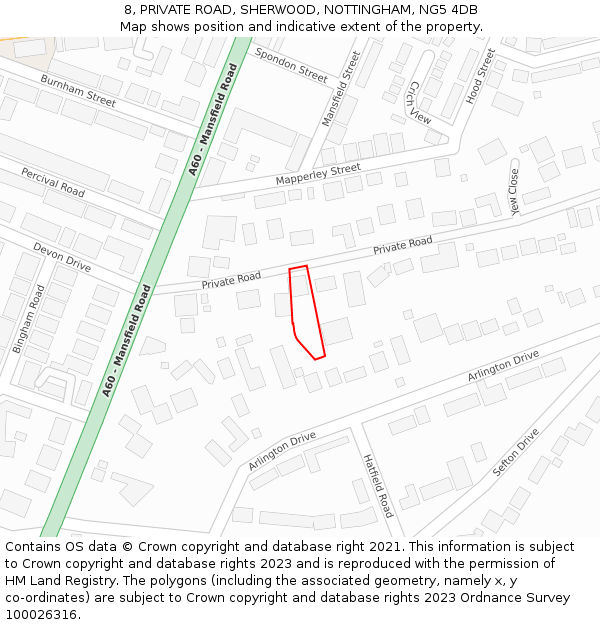 8, PRIVATE ROAD, SHERWOOD, NOTTINGHAM, NG5 4DB: Location map and indicative extent of plot