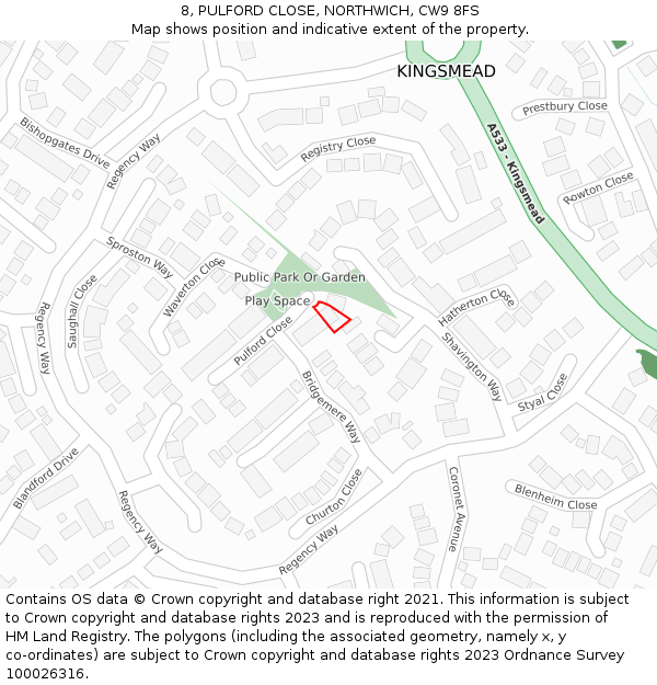 8, PULFORD CLOSE, NORTHWICH, CW9 8FS: Location map and indicative extent of plot