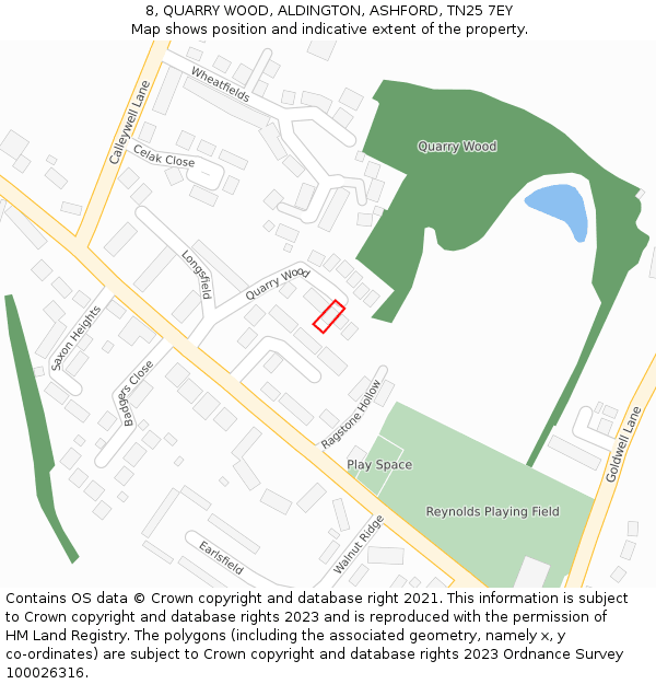 8, QUARRY WOOD, ALDINGTON, ASHFORD, TN25 7EY: Location map and indicative extent of plot