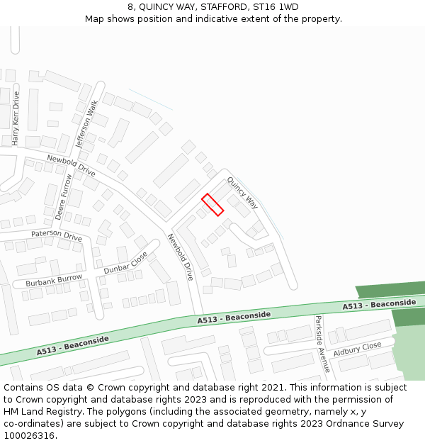 8, QUINCY WAY, STAFFORD, ST16 1WD: Location map and indicative extent of plot