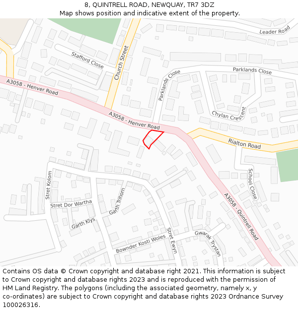8, QUINTRELL ROAD, NEWQUAY, TR7 3DZ: Location map and indicative extent of plot