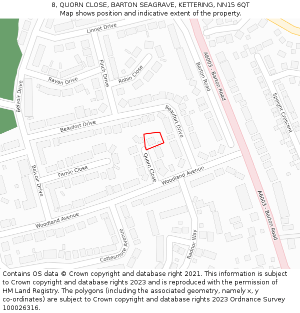 8, QUORN CLOSE, BARTON SEAGRAVE, KETTERING, NN15 6QT: Location map and indicative extent of plot